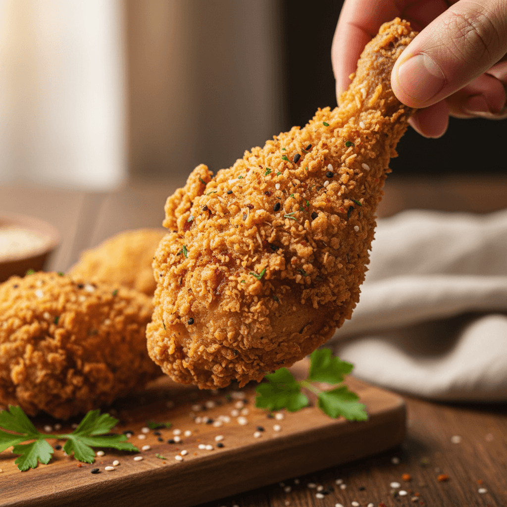 Close-up of golden-brown crispy fried chicken piece with ultra-crispy textured coating and herb garnish